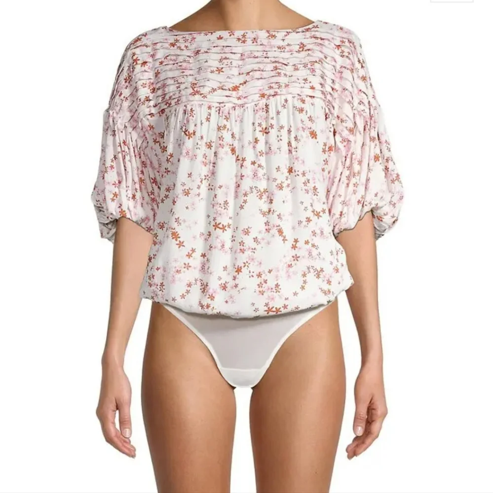 Free people dessa‎ tie back bodysuit floral top size m puff sleeves boho Spring